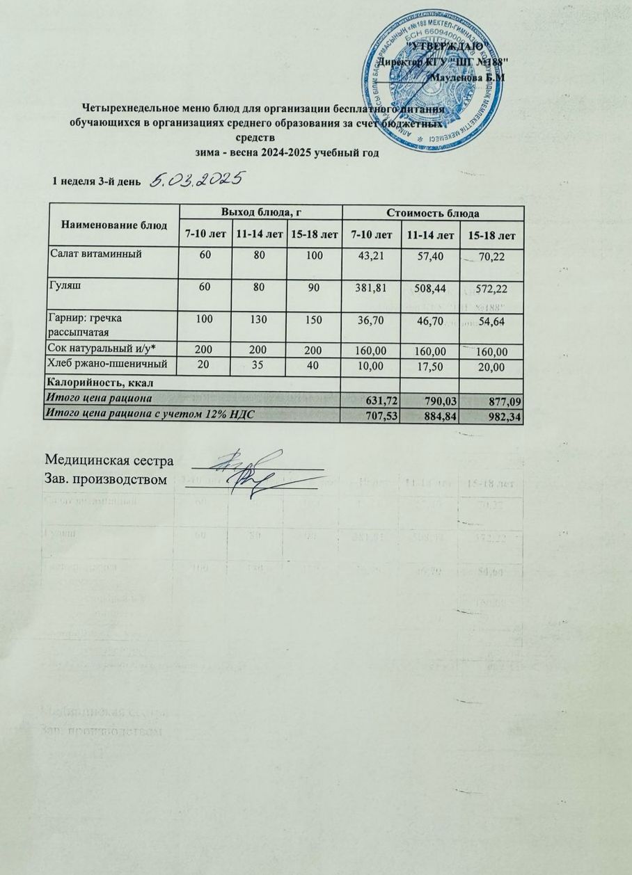 Күнделікті меню 05.03.2025