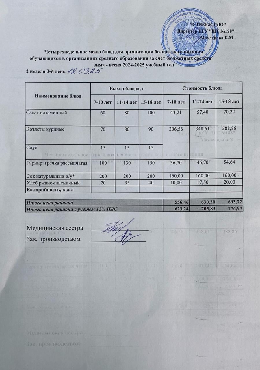 Күнделікті меню 12.03.2025