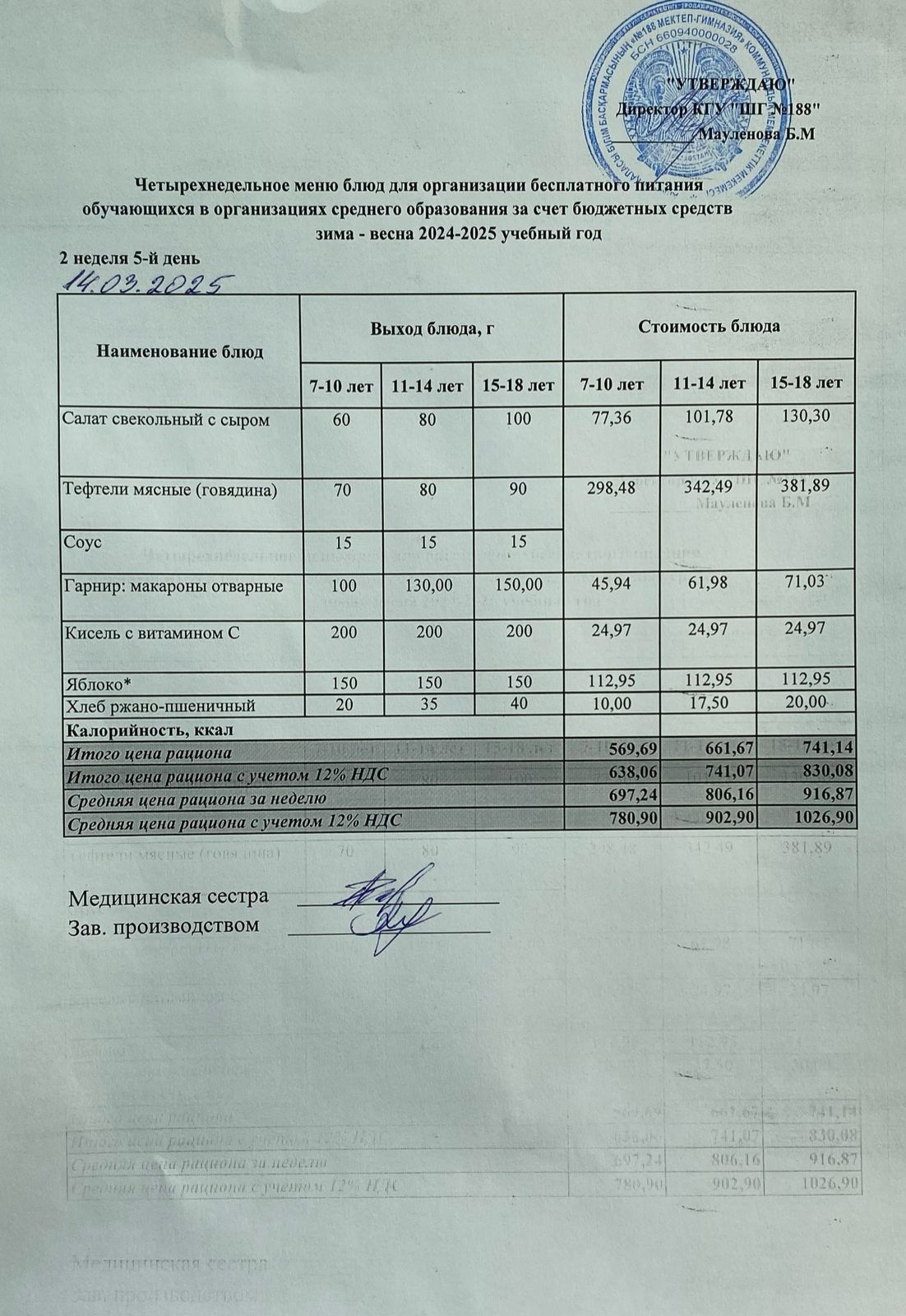 Күнделікті меню 14.03.2025