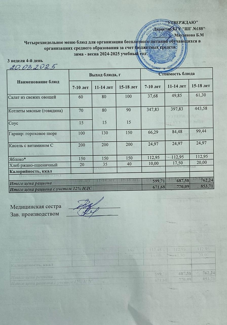 Күнделікті меню 20.03.2025