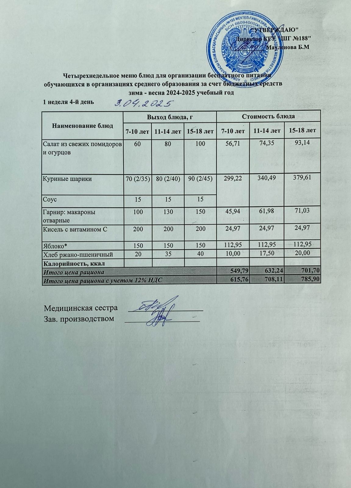 Күнделікті меню 03.04.2025