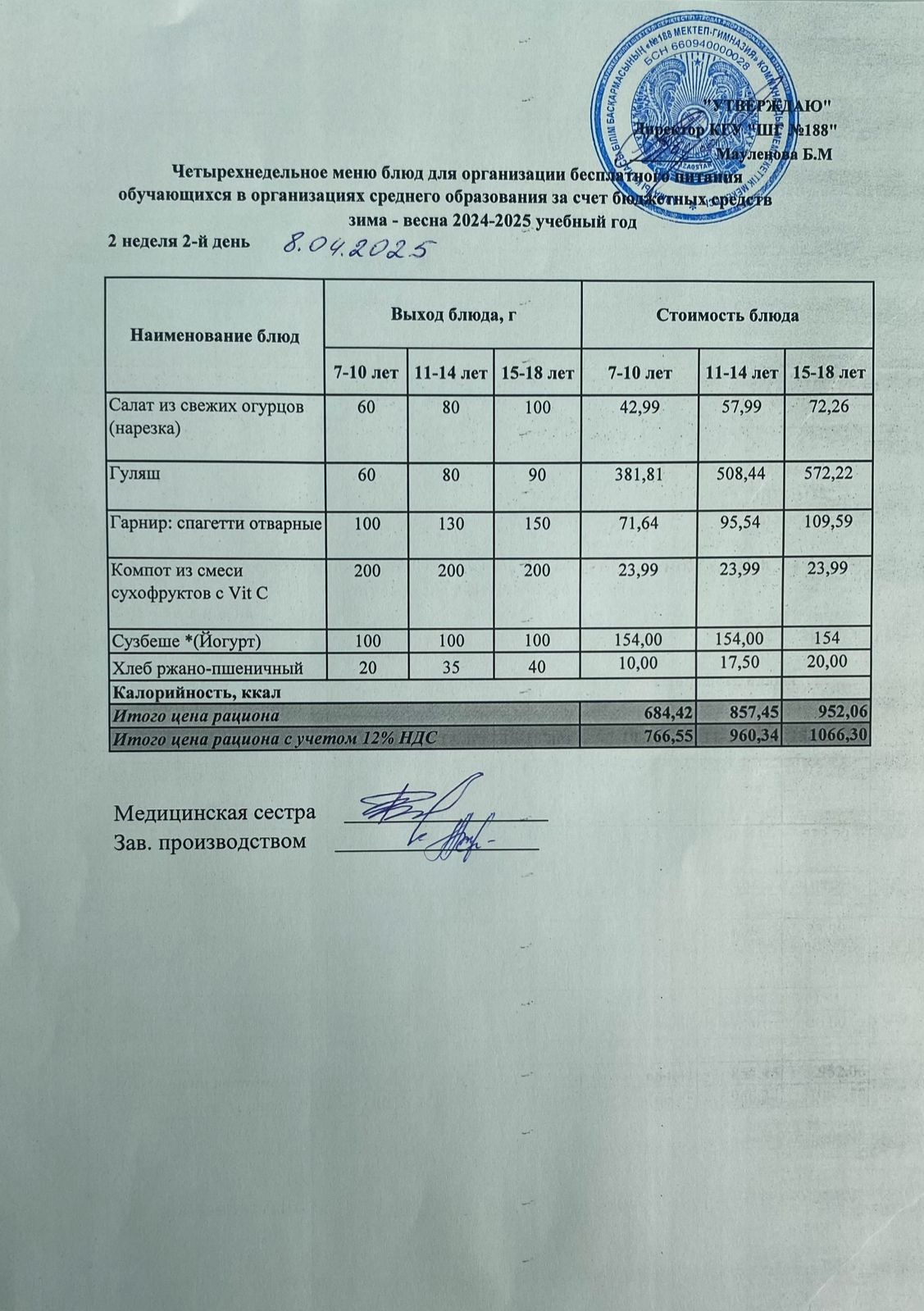 Күнделікті меню 08.04.2025