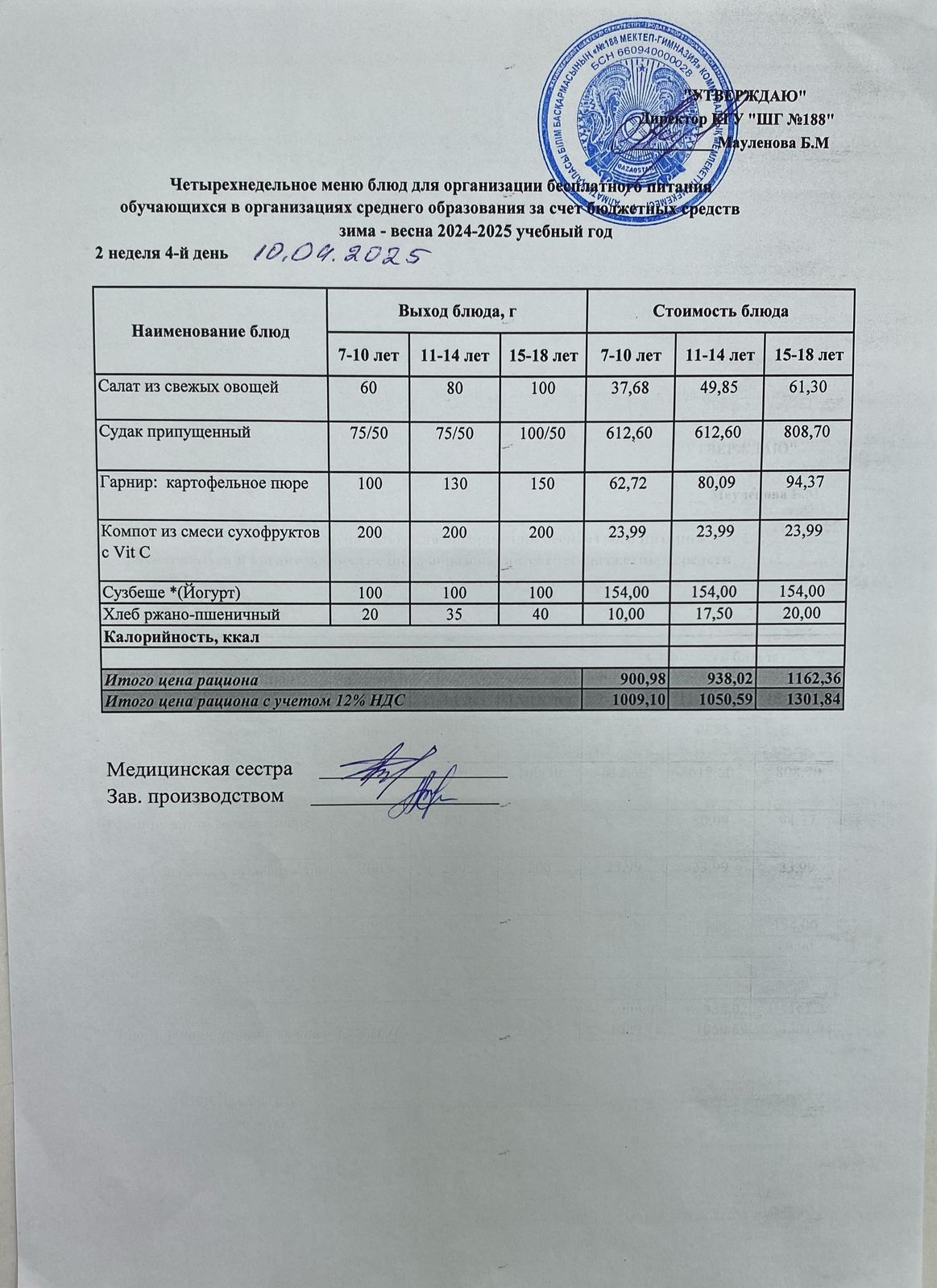 Күнделікті меню 10.04.2025