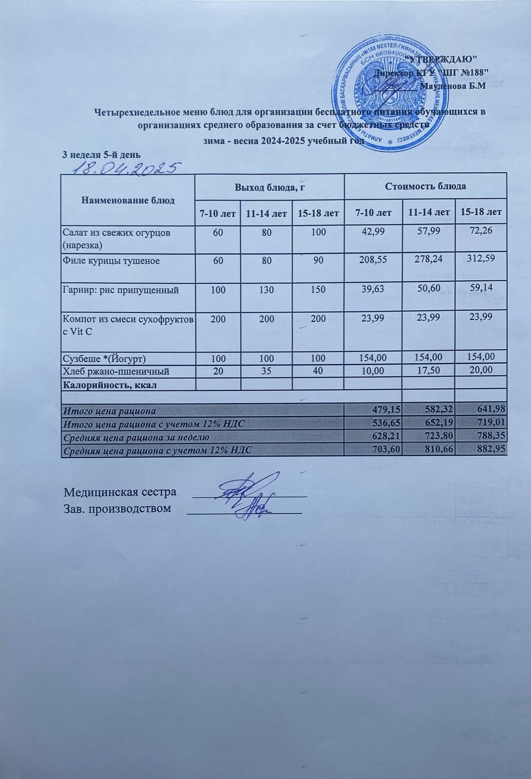 Күнделікті меню 18.04.2025