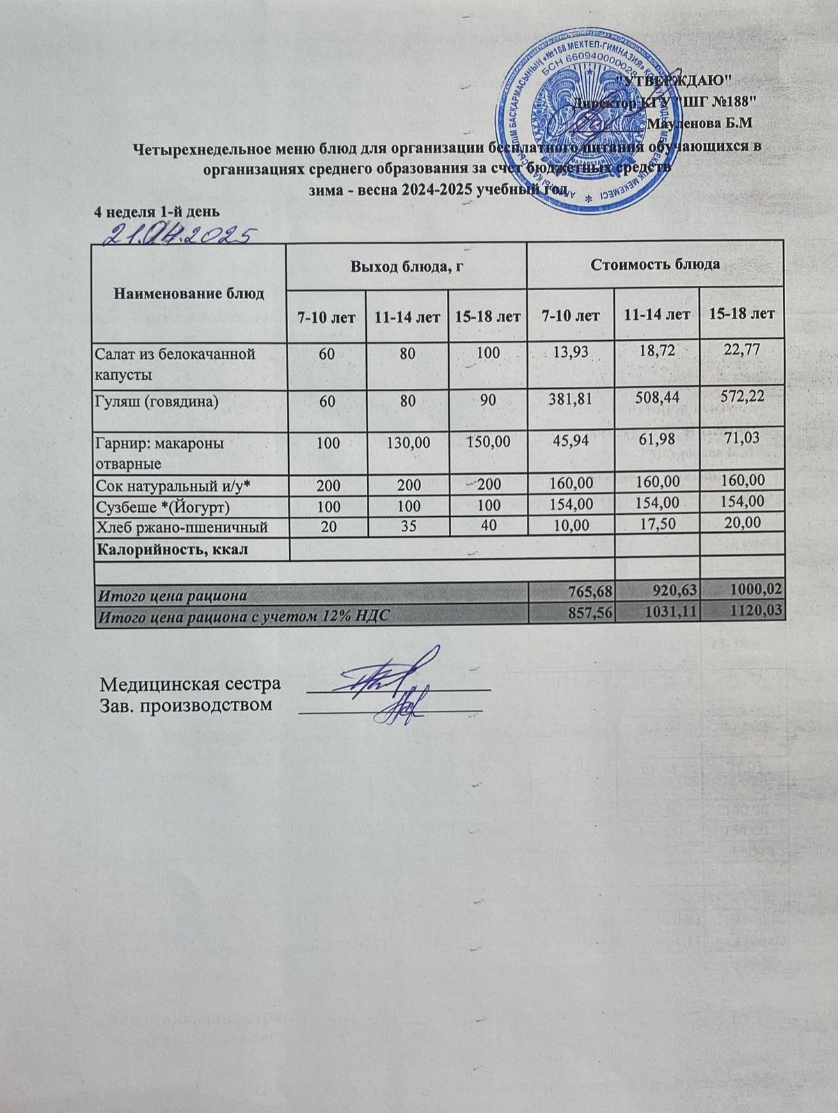 Күнделікті меню 21.04.2025