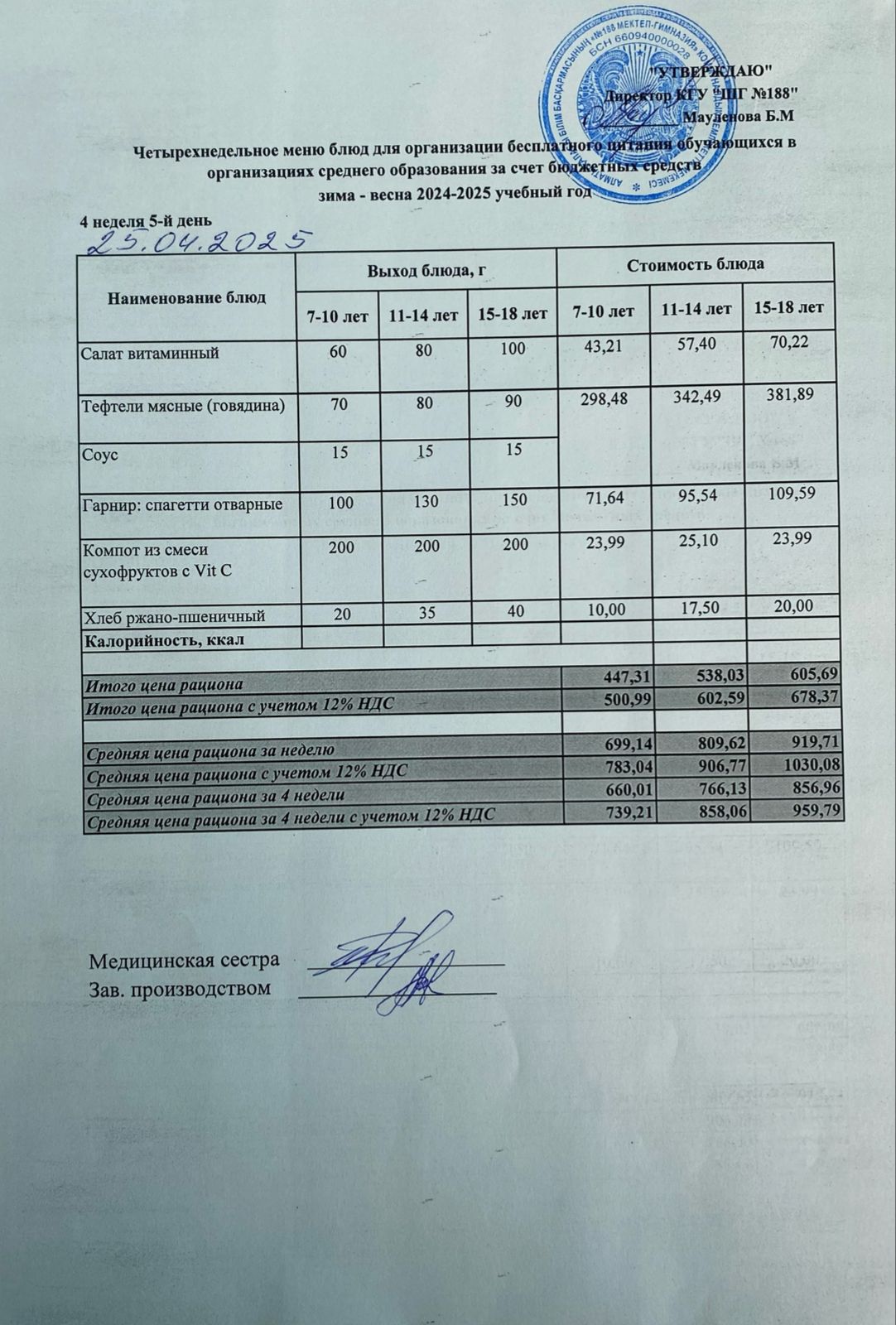 Күнделікті меню 25.04.2025