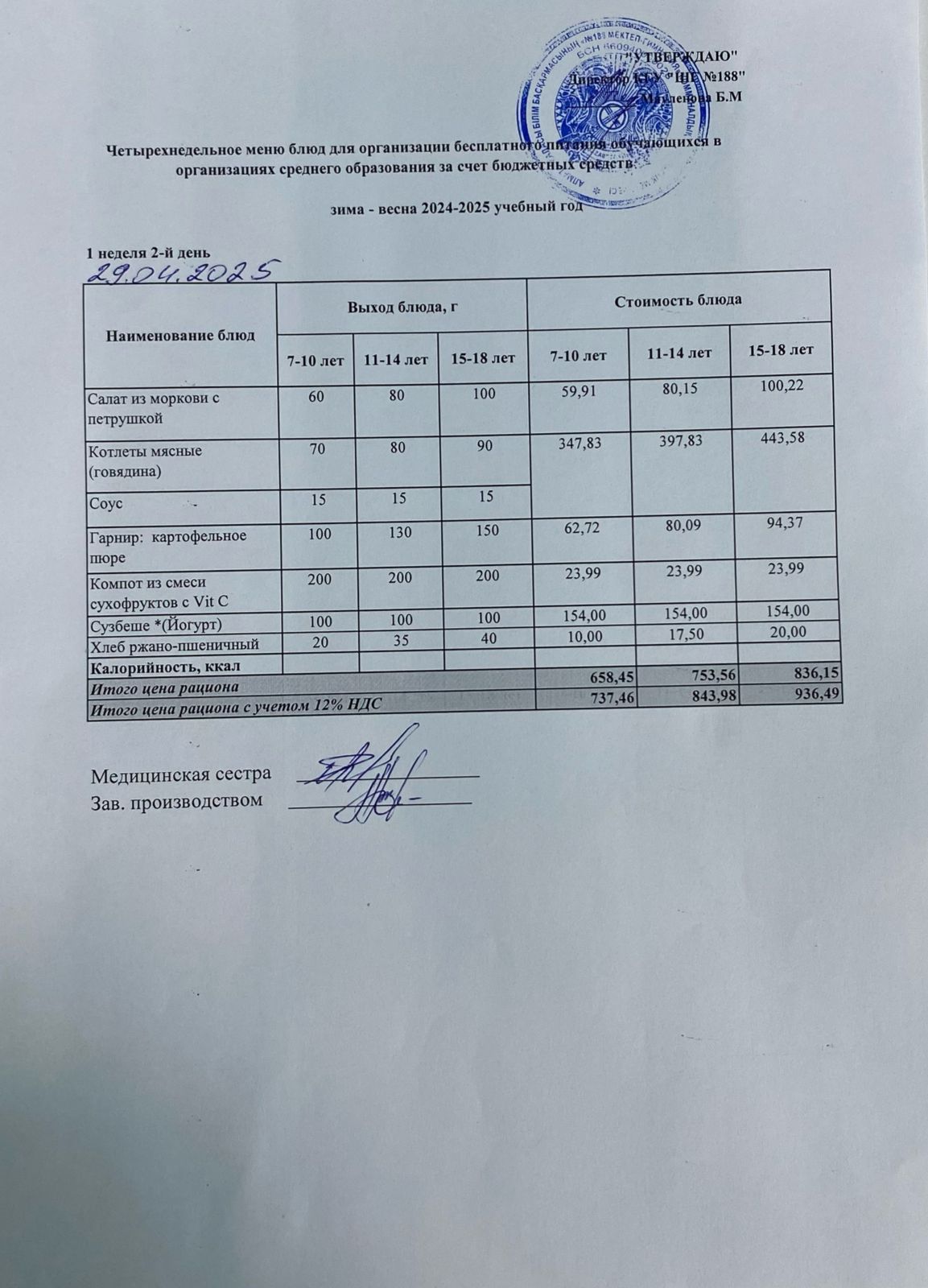 Күнделікті меню 29.04.2025