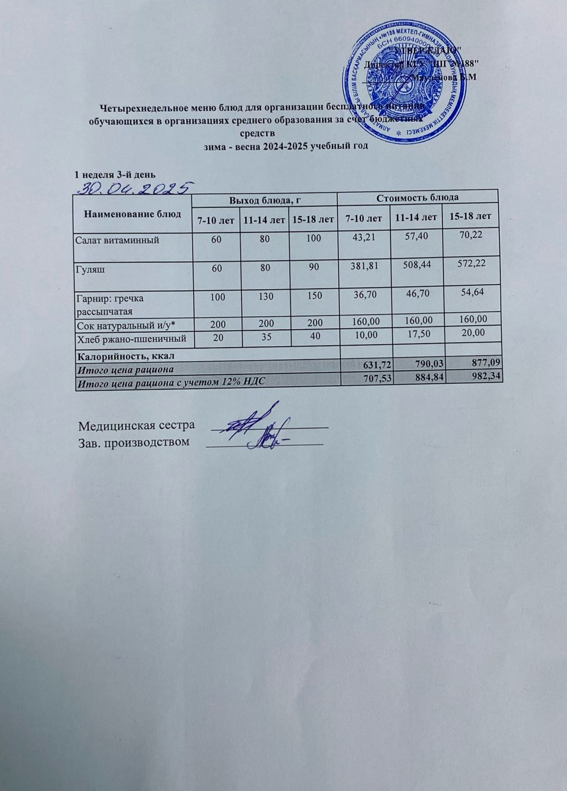 Күнделікті меню 30.04.2025