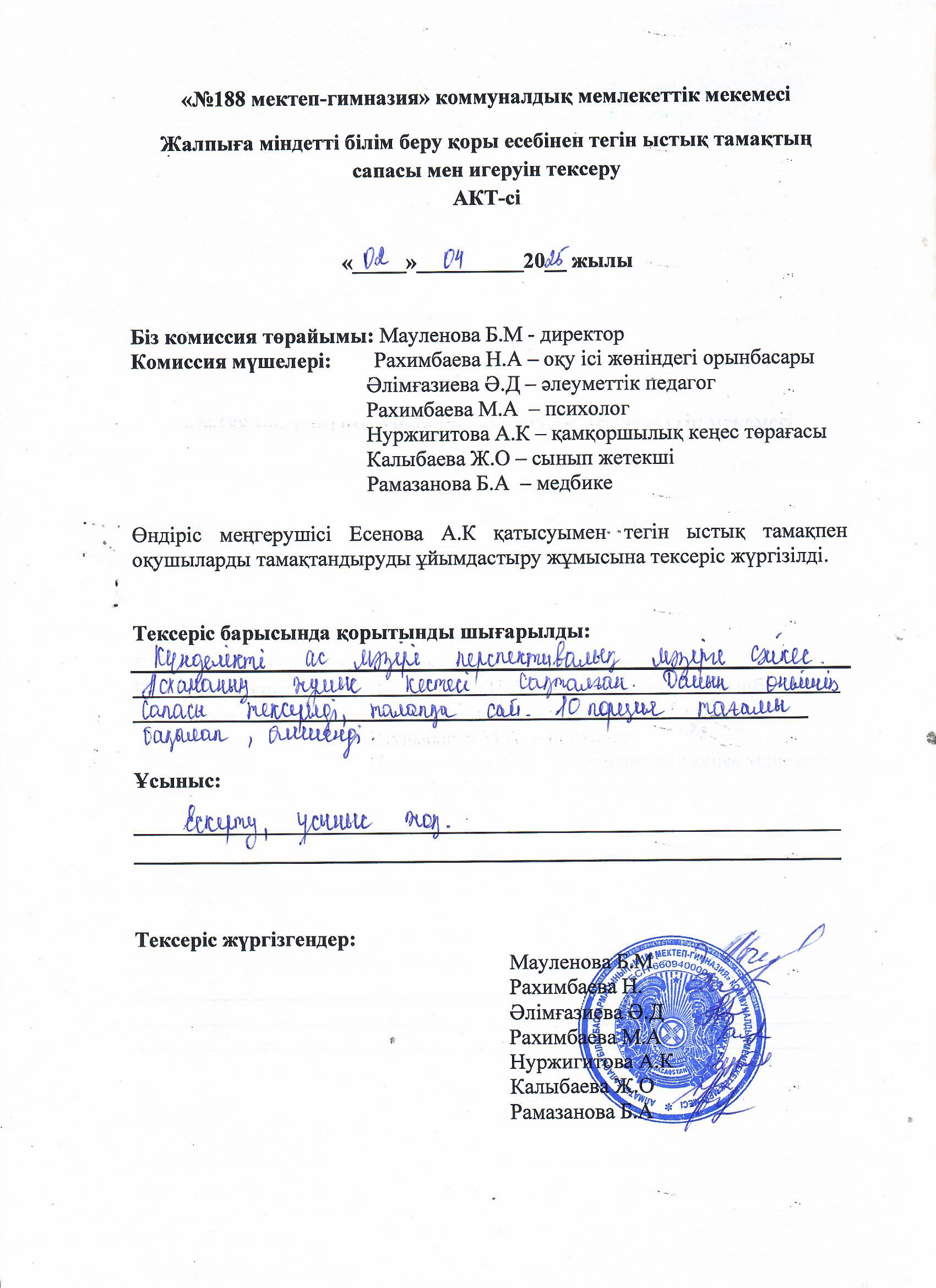 Тамақтың сапасы мен игеруін тексеру АКТ-сі сәуір айы 2025 жыл
