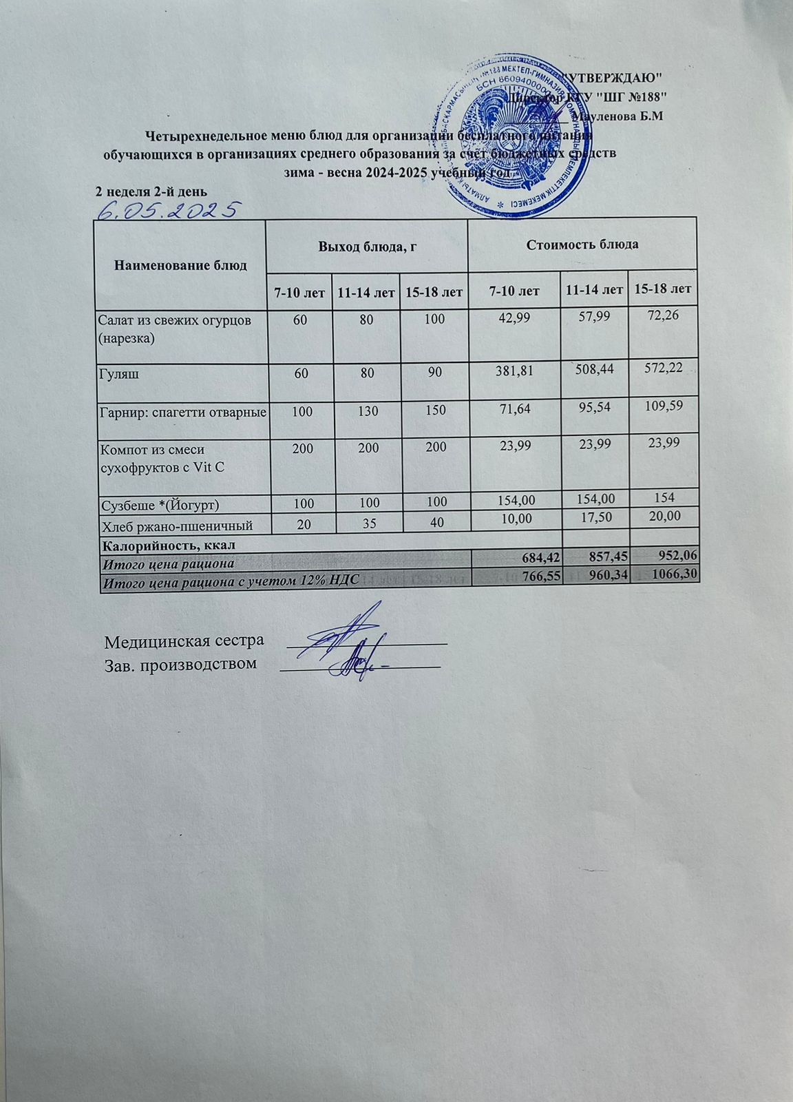 Күнделікті меню 06.05.2025