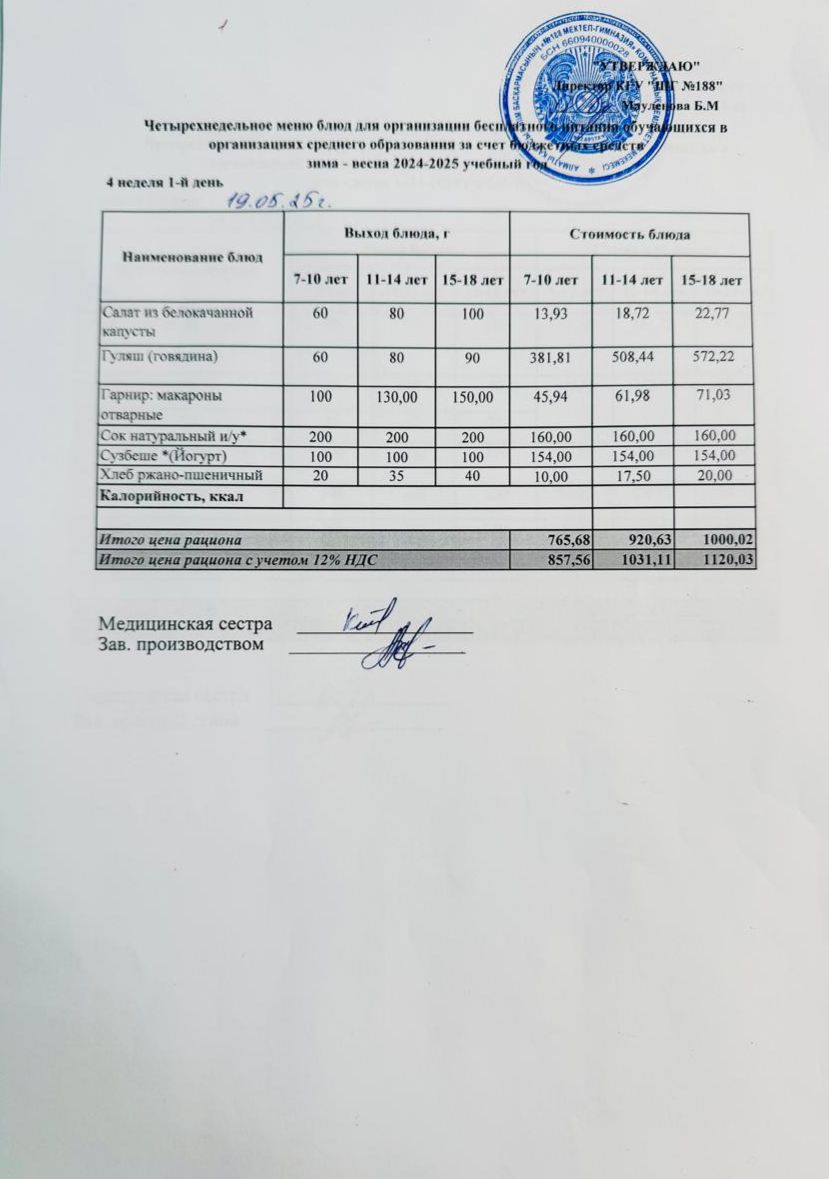 Күнделікті меню 19.05.2025