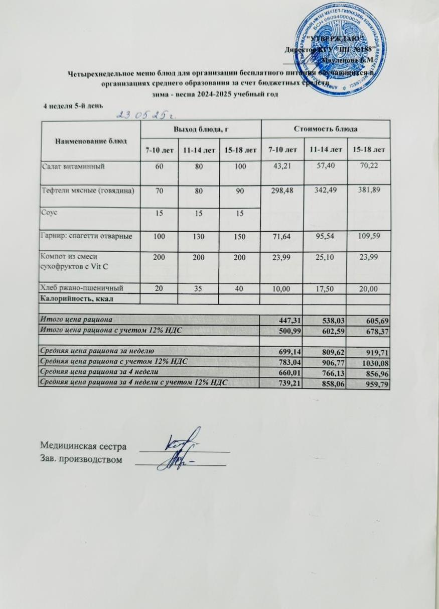 Күнделікті меню 23.05.2025
