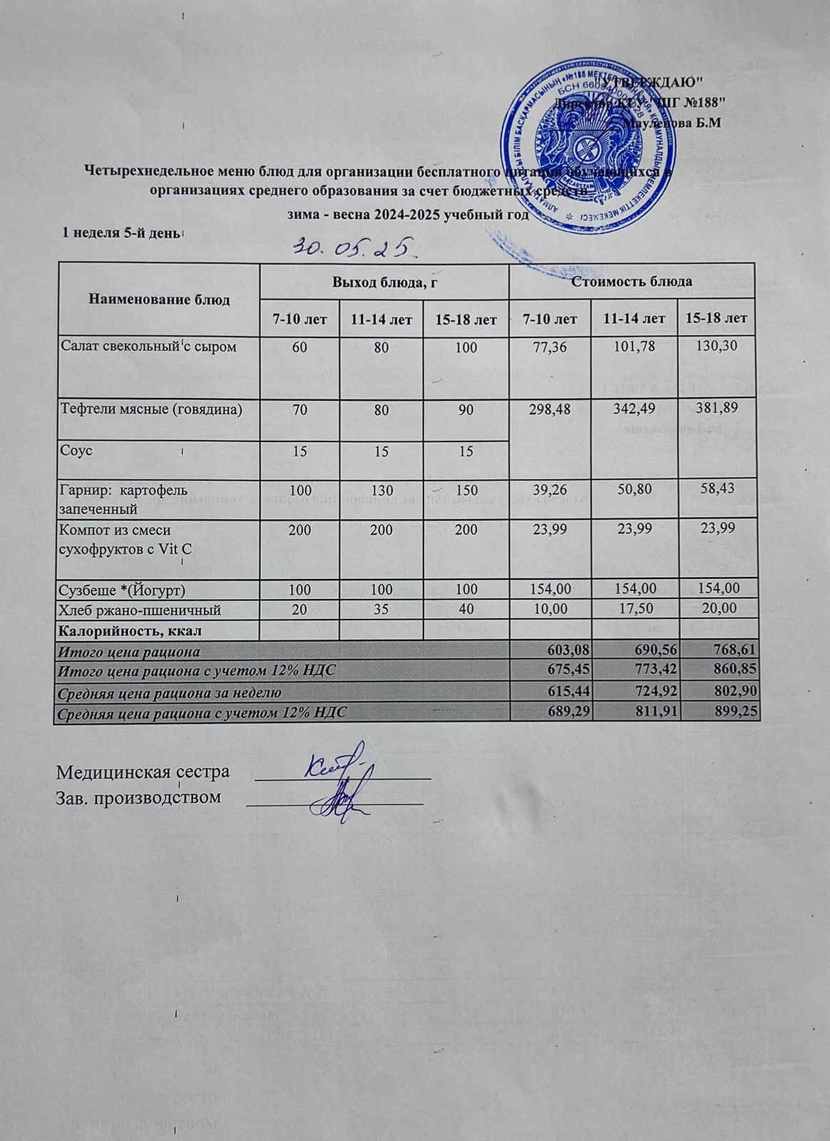 Күнделікті меню 30.05.2025