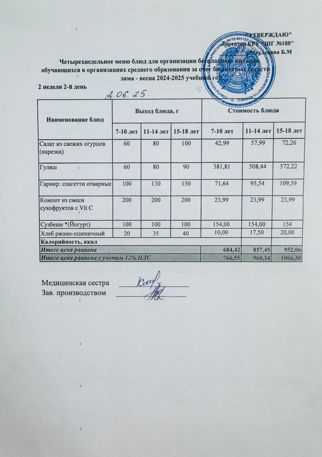 Күнделікті меню 03.06.2025
