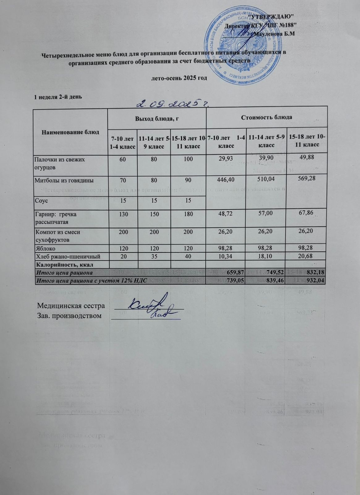 Күнделікті меню 02.09.2025