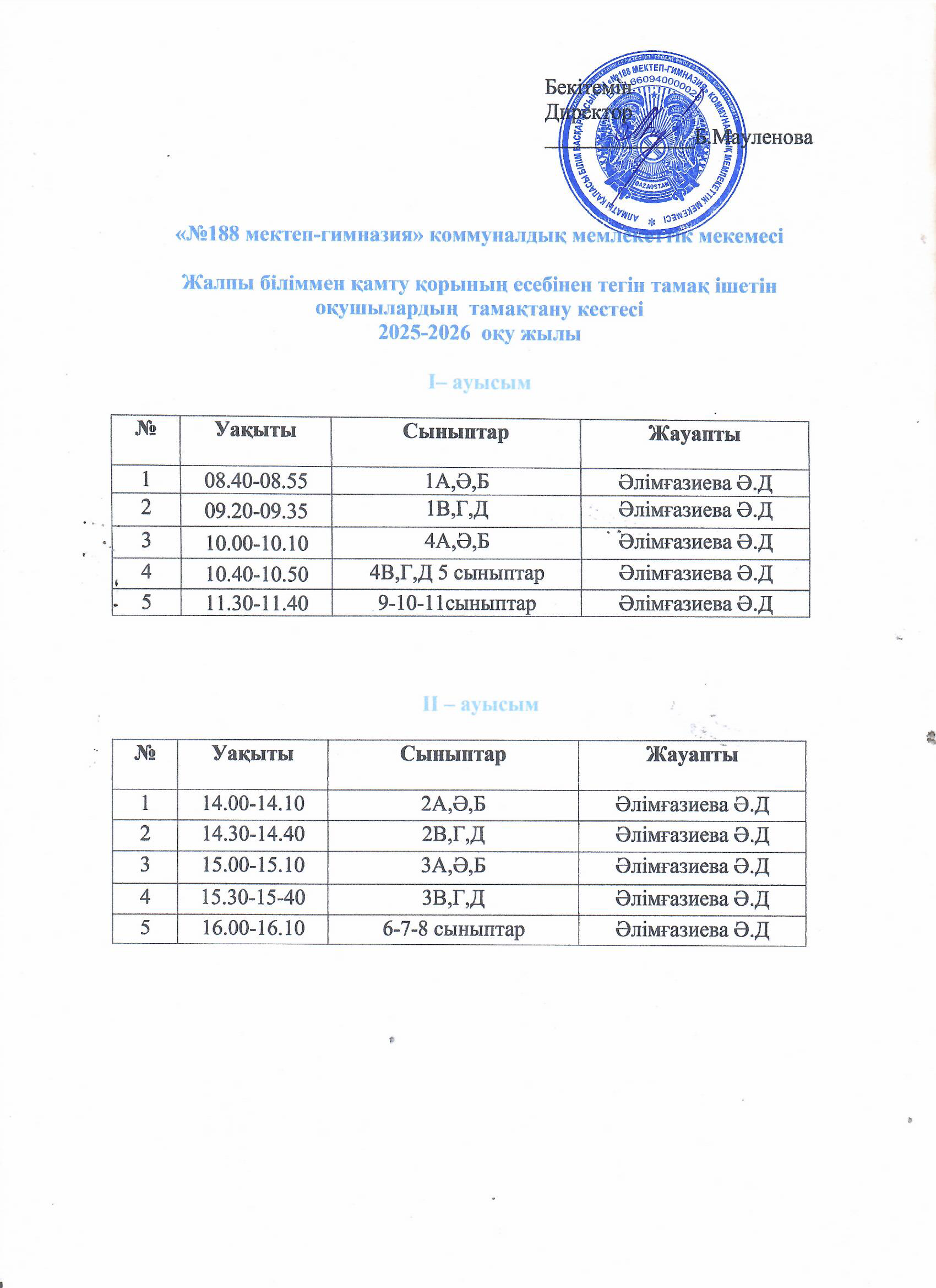 Оқушылардың тамақтану кестесі 2025-2026 оқу жылы