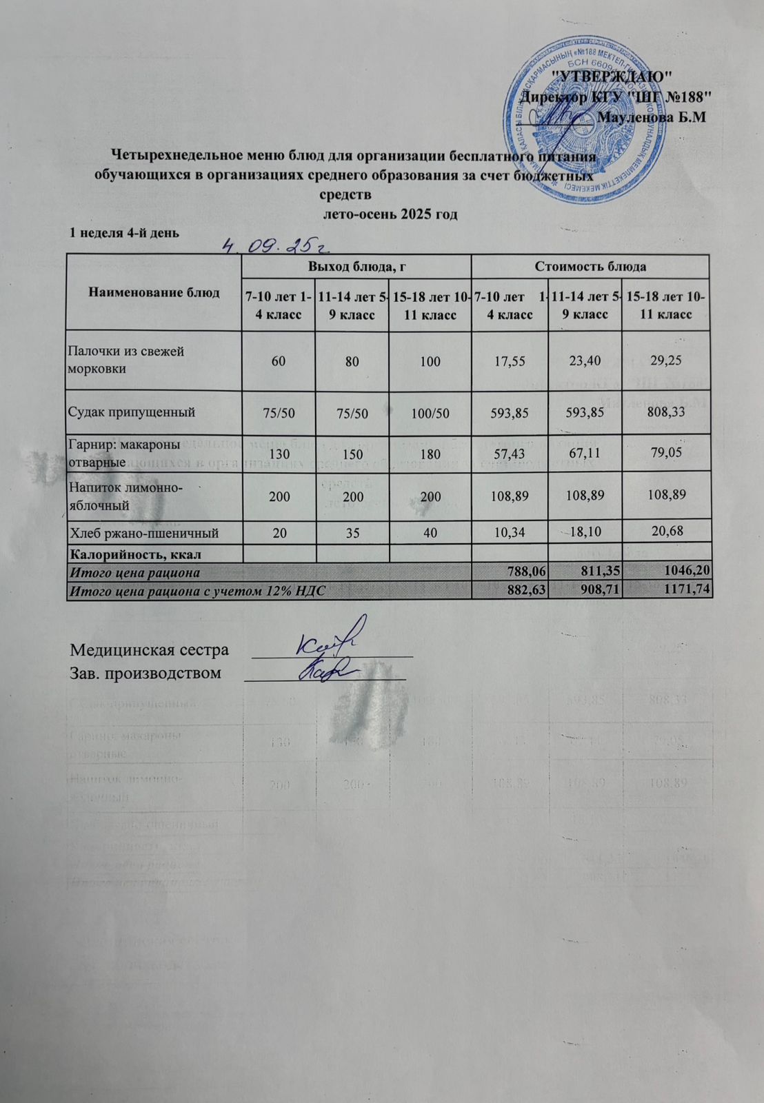 Күнделікті меню 04.09.2025