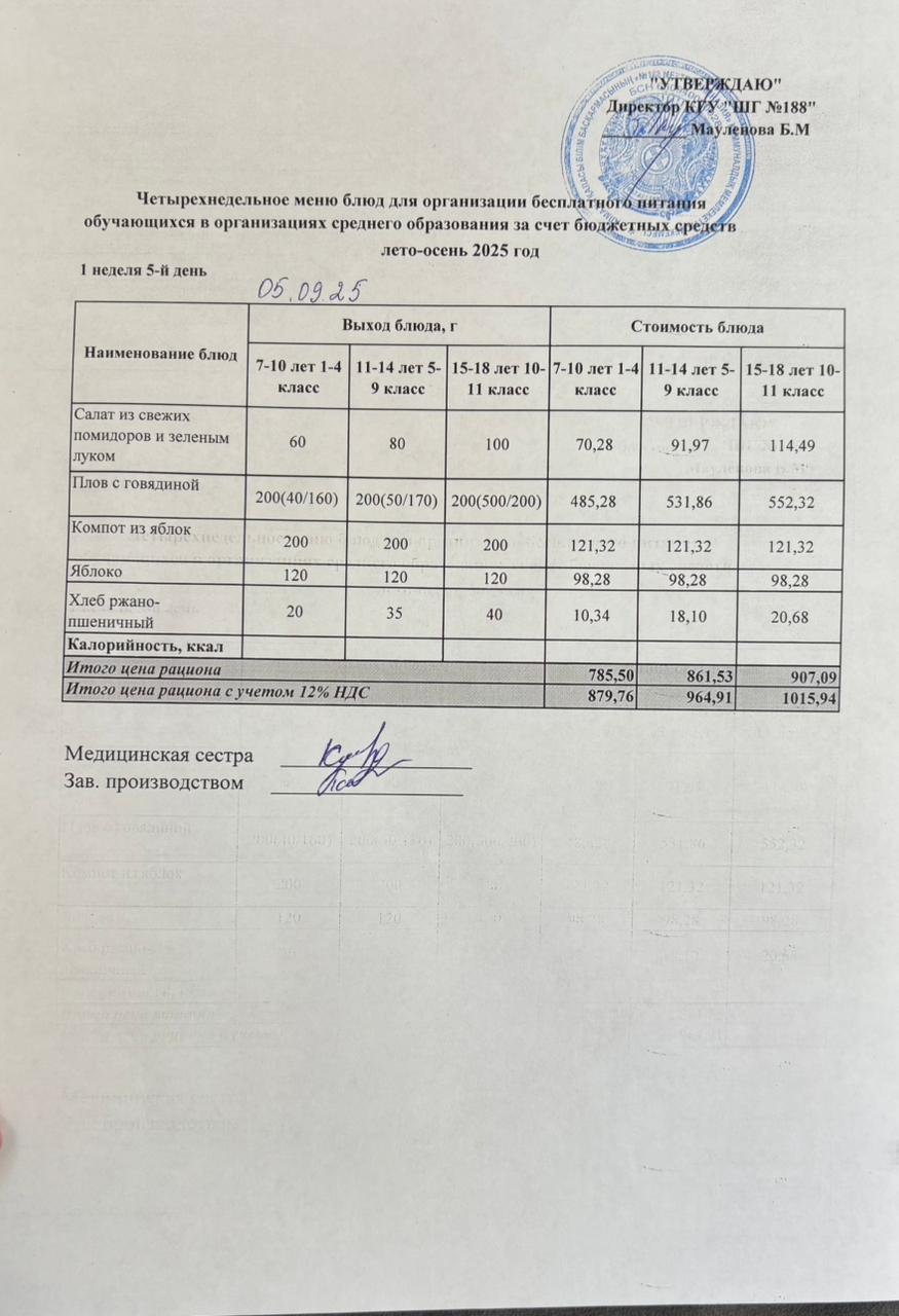 Күнделікті меню 05.09.2025