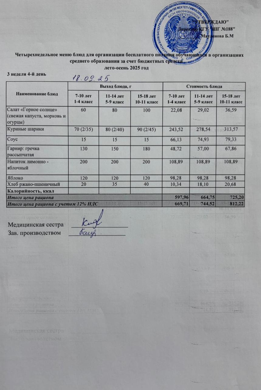 Күнделікті меню 18.09.2025