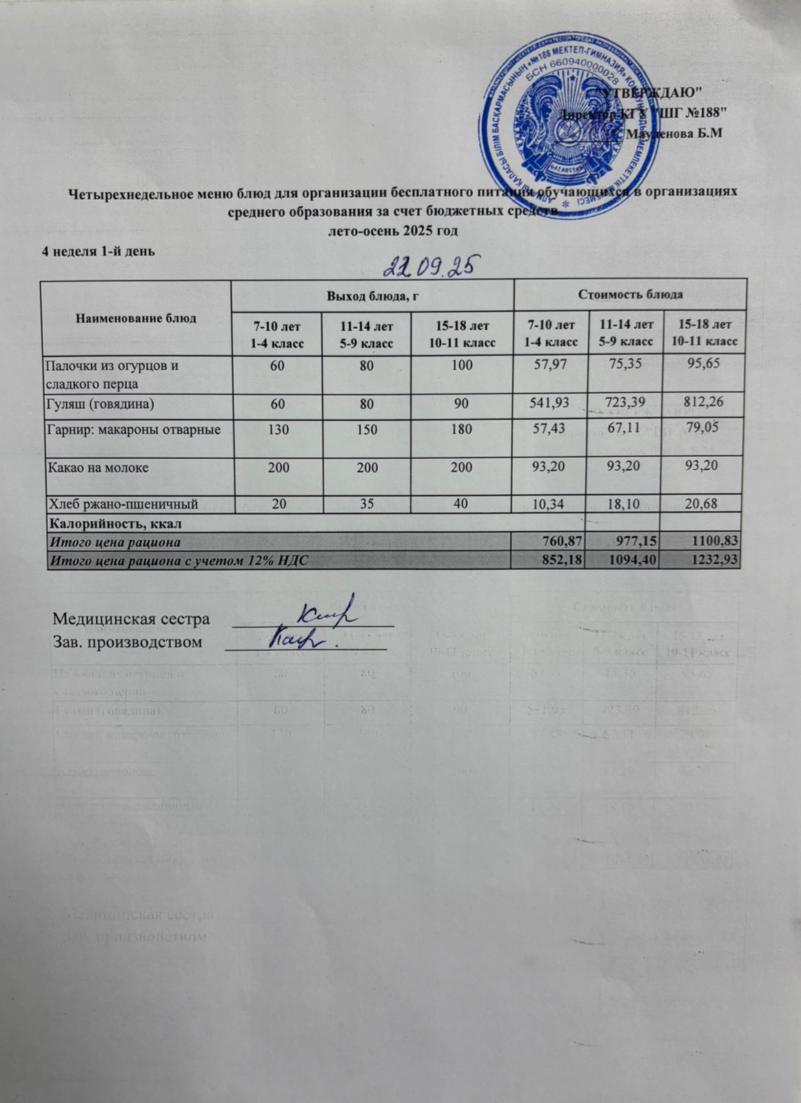 Күнделікті меню 22.09.2025