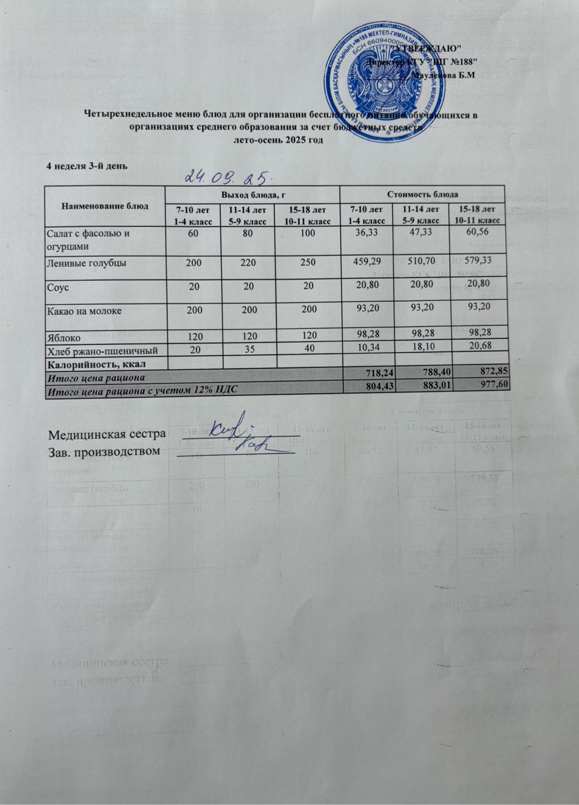 Күнделікті меню 24.09.2025