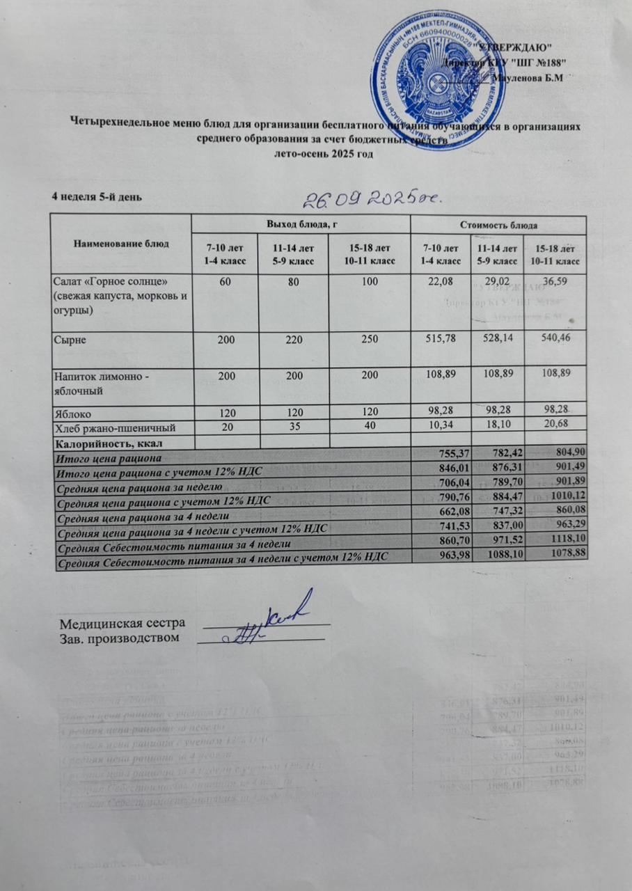 Күнделікті меню 26.09.2025