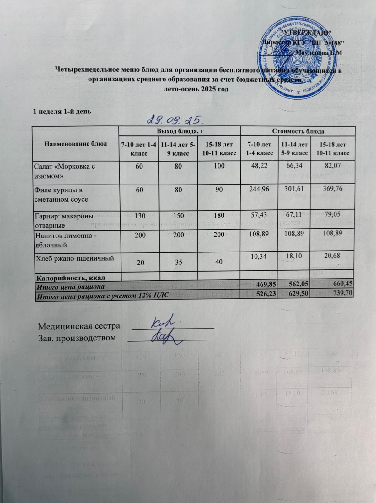 Күнделікті меню 29.09.2025
