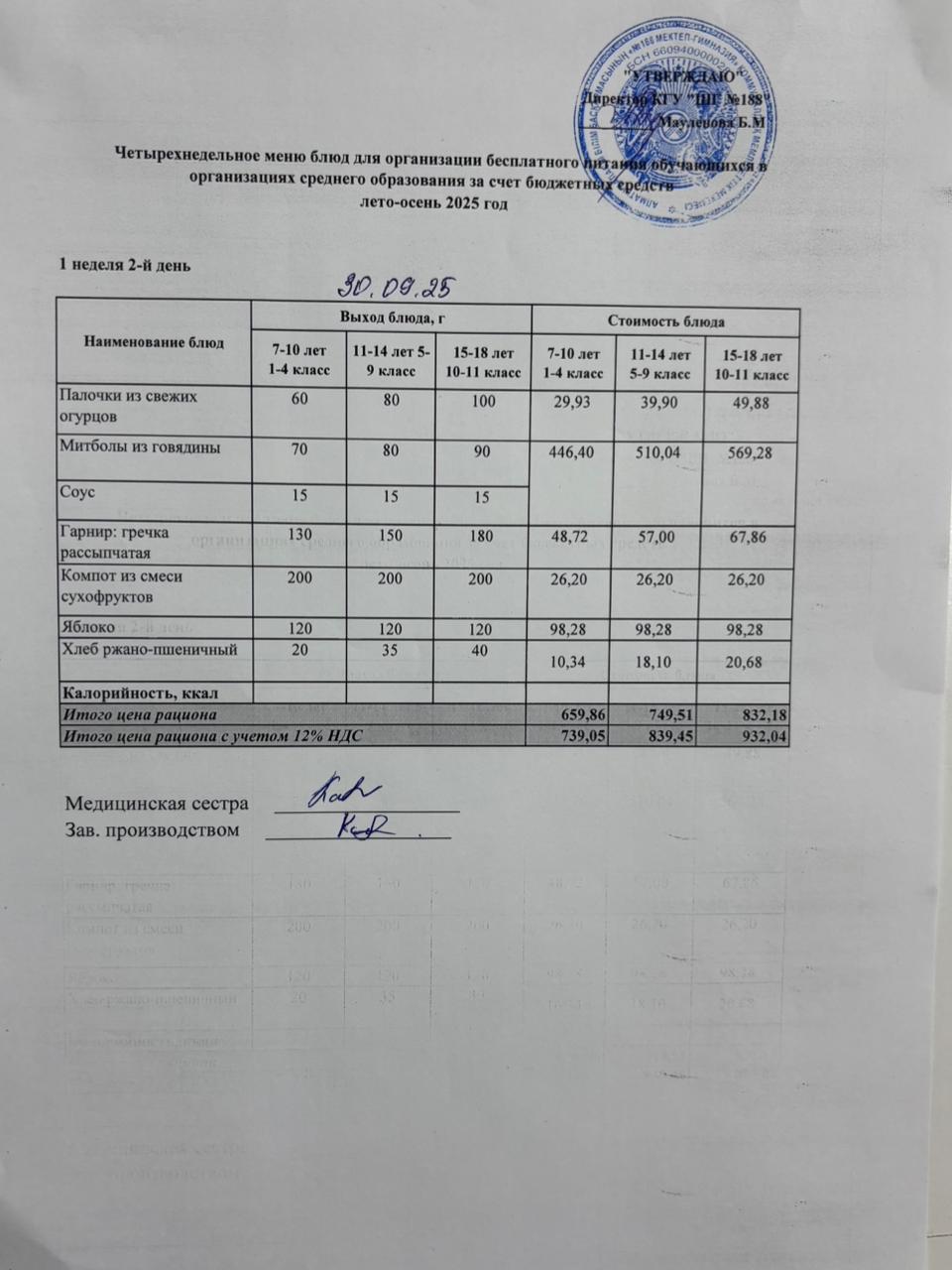 Күнделікті меню 30.09.2025