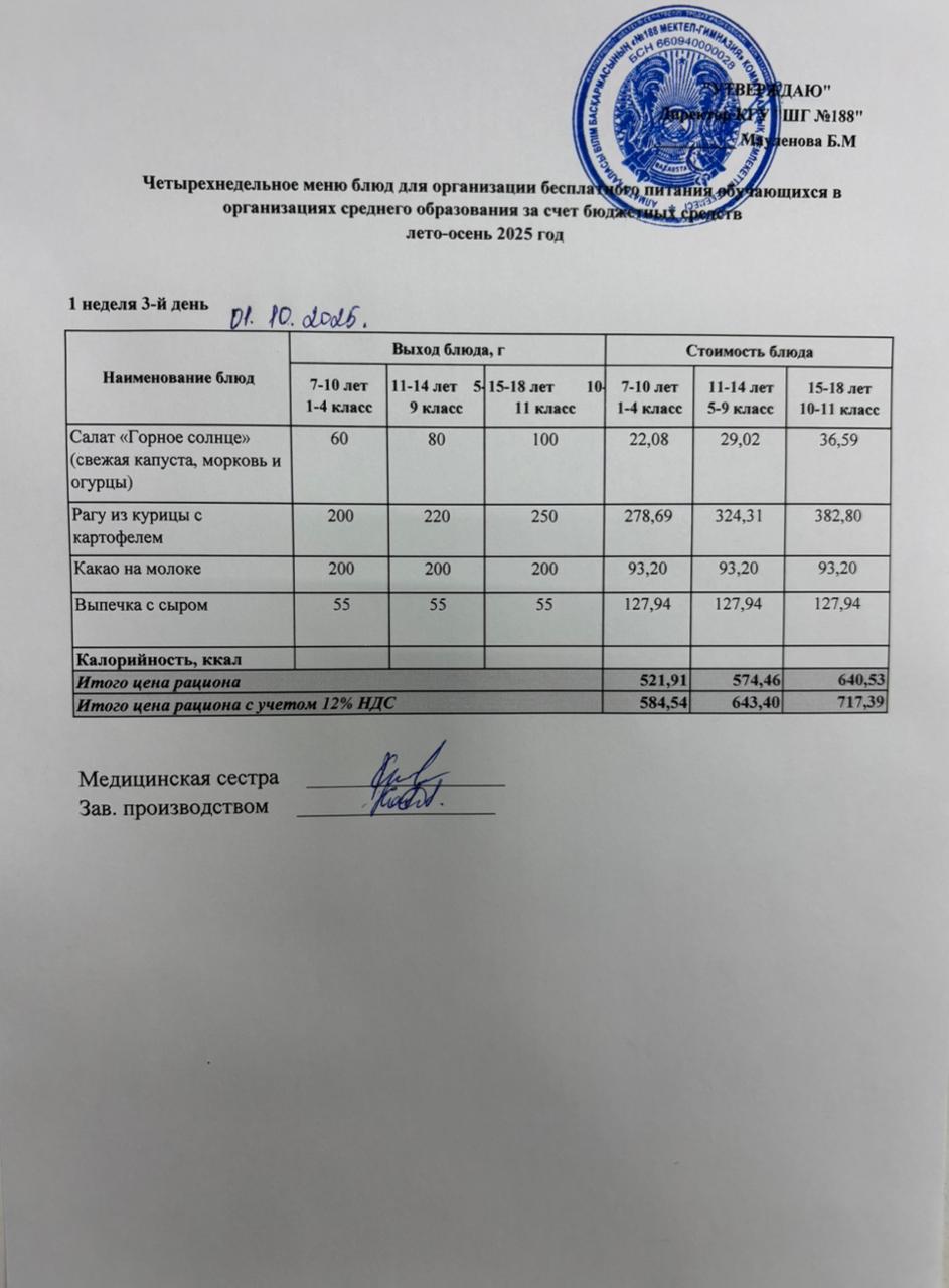 Күнделікті меню 01.10.2025