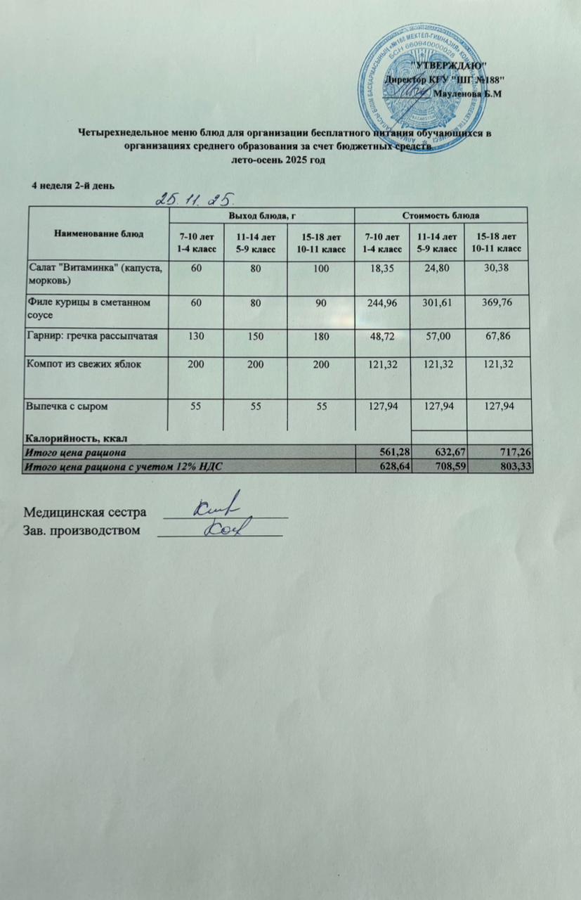Күнделікті меню 25.11.2025