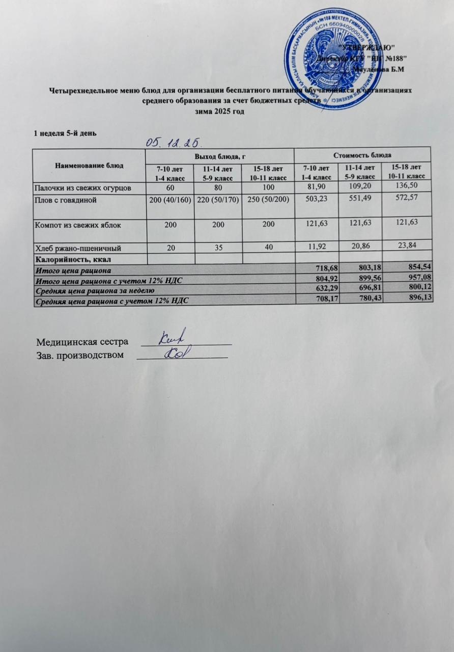 Күнделікті меню 05.12.2025