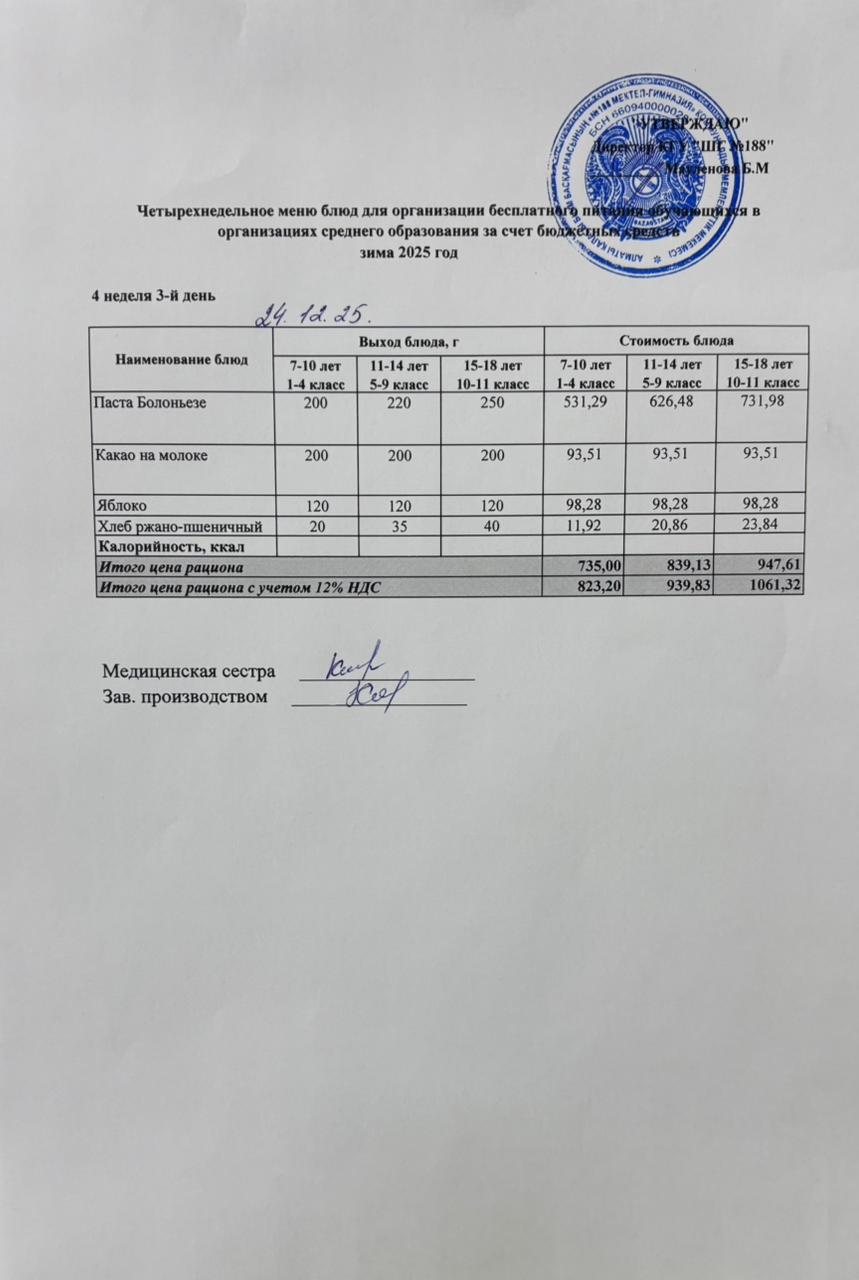 Күнделікті меню 24.12.2025