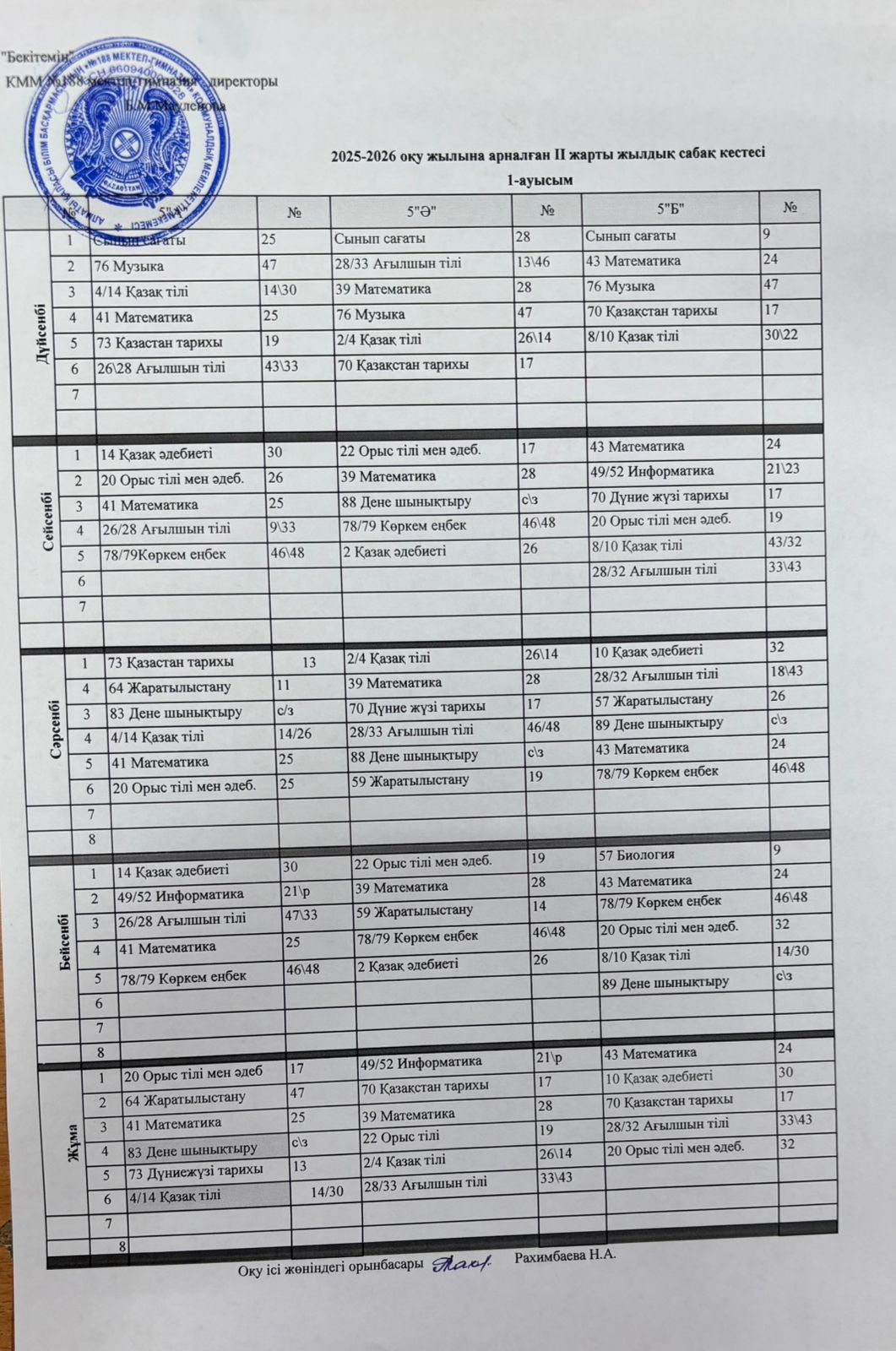 2025-2026 оқу жылы сабақ кестесі