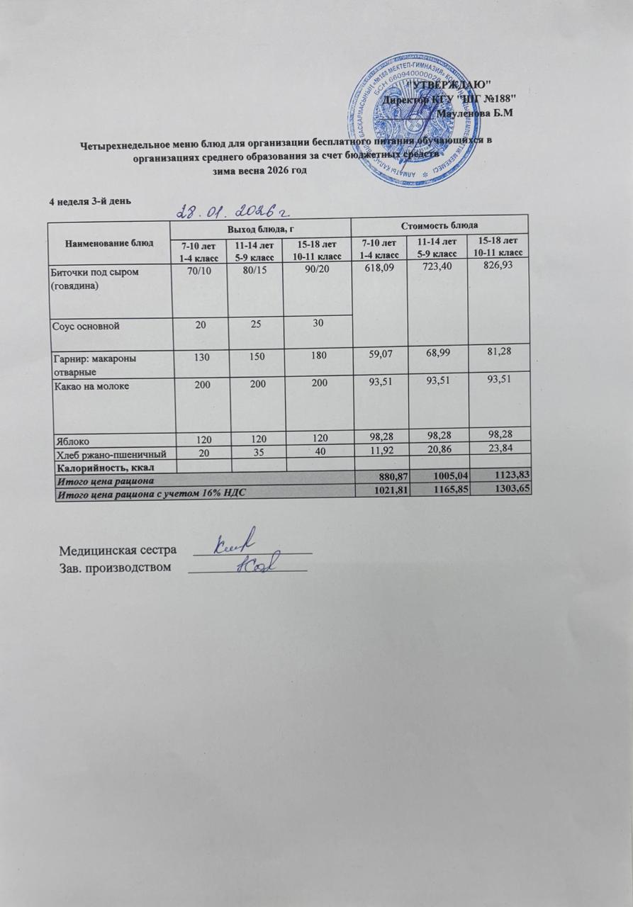 Күнделікті меню 28.01.2026