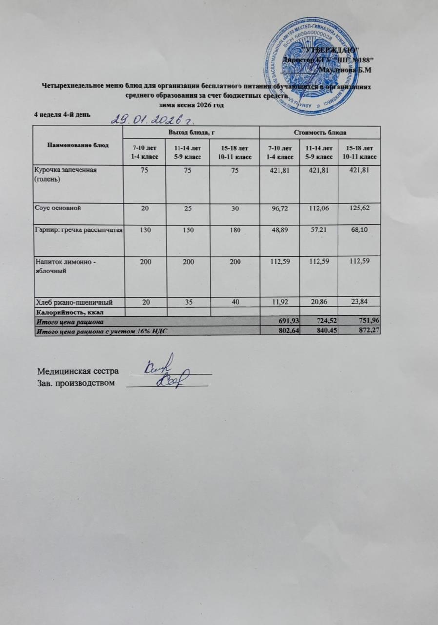 Күнделікті меню 29.01.2026