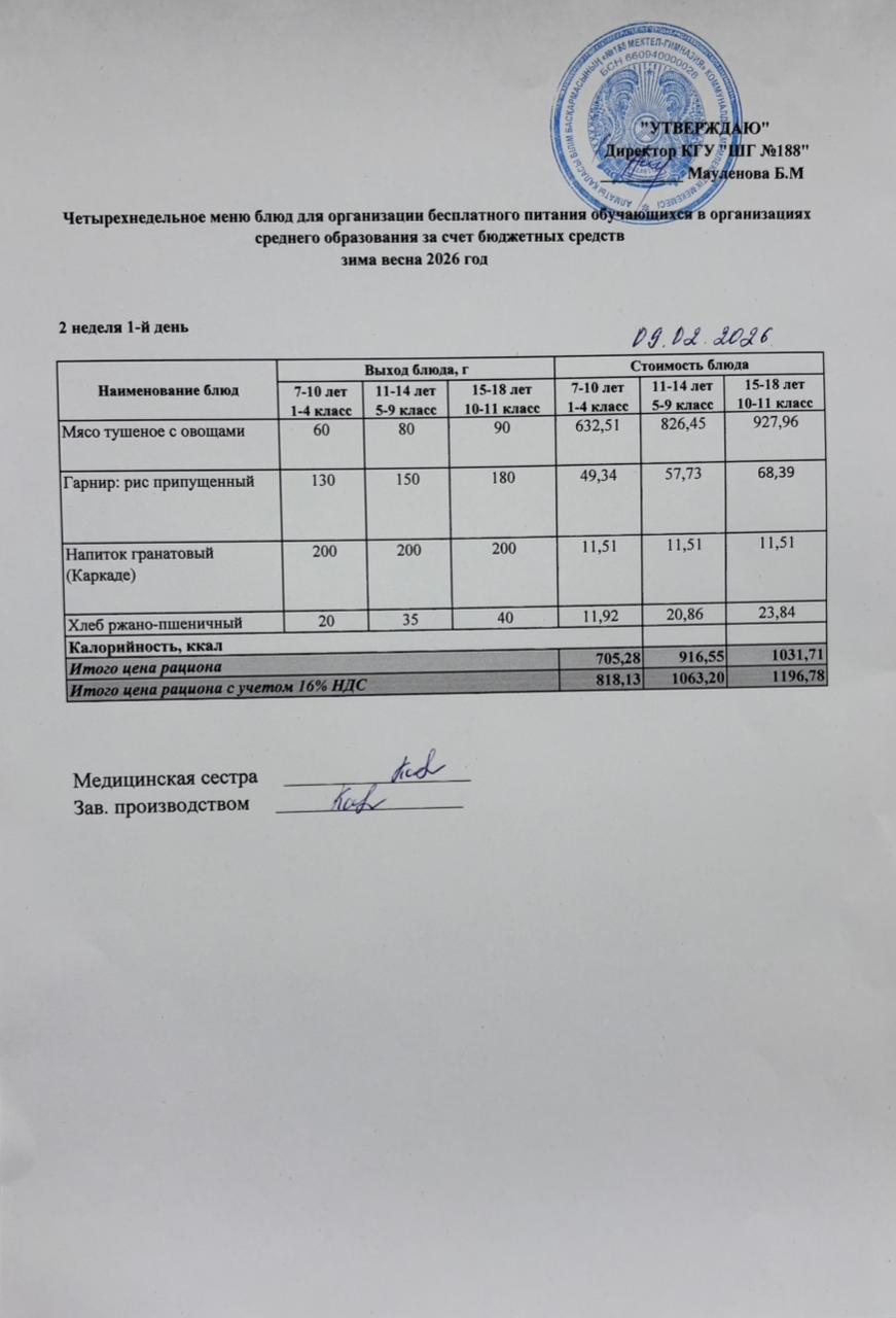 Күнделікті меню 09.02.2026