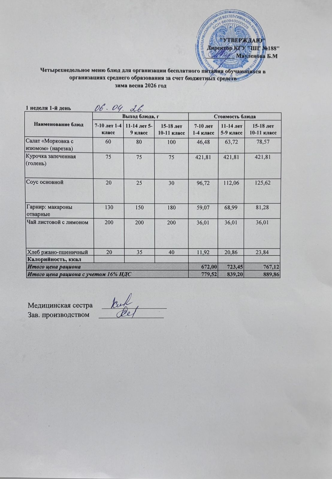 Күнделікті меню 06.04.2026