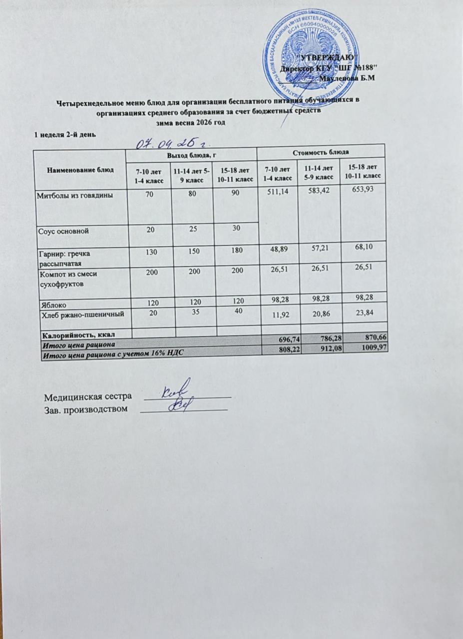 Күнделікті меню 07.04.2026