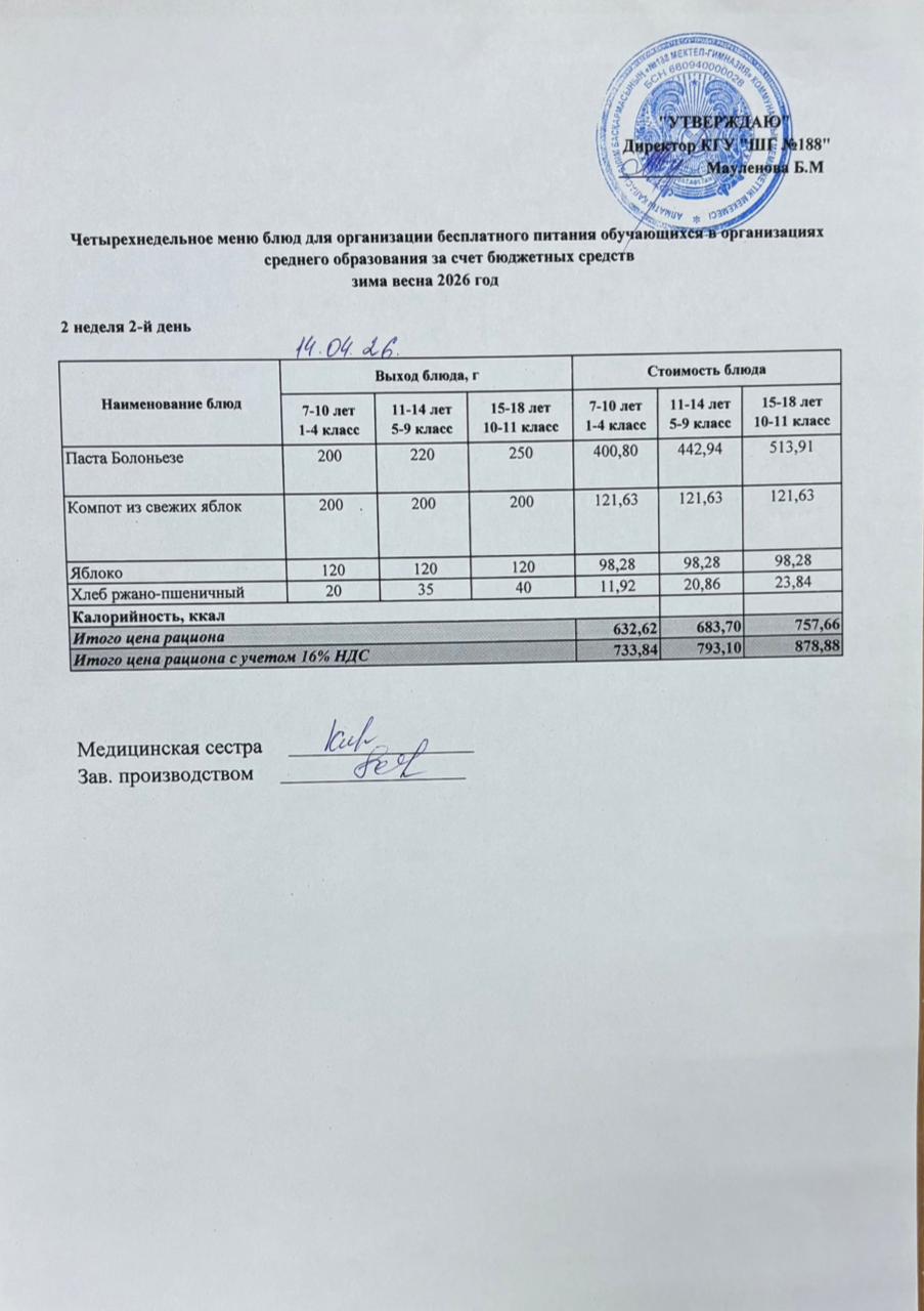 Күнделікті меню 14.04.2026