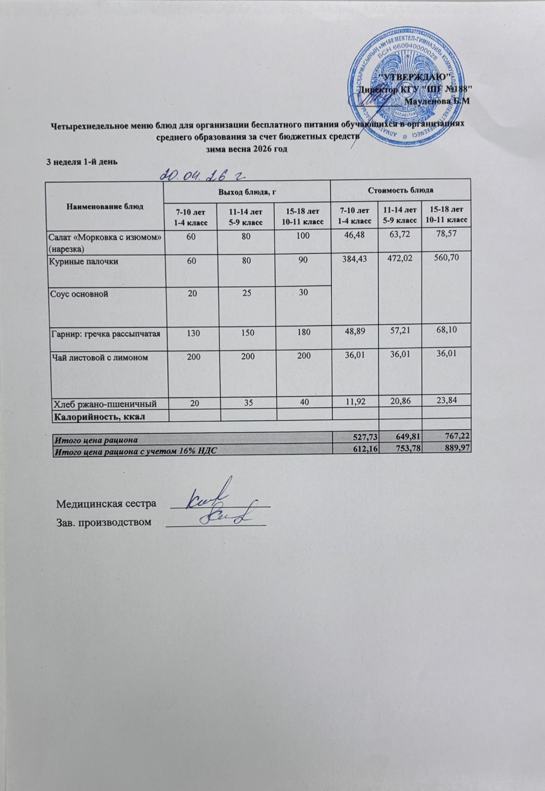 Күнделікті меню 20.04.2026