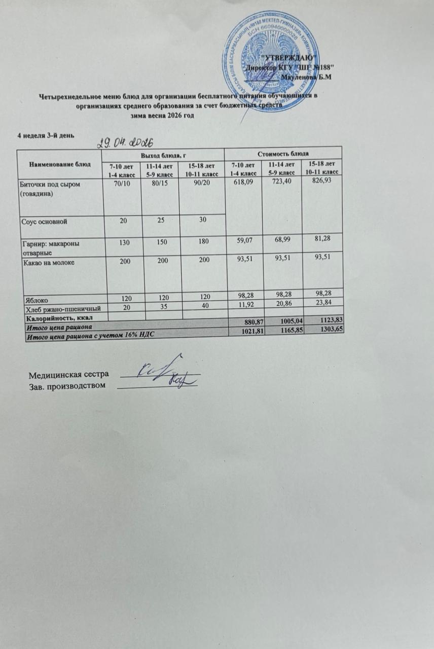Күнделікті меню 29.04.2026